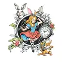 Alice in Wonderland, surrounded by elements of the story such as the white rabbit's clock, key tattoo design idea