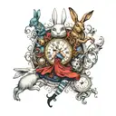 Alice in Wonderland, surrounded by elements of the story such as the white rabbit's clock, key tattoo design idea