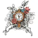 Alice in Wonderland, surrounded by elements of the story such as the white rabbit's clock, key tattoo design idea