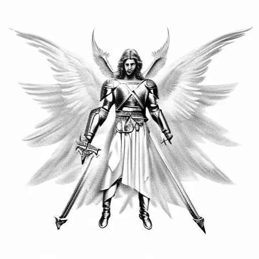 A detailed portrait of Archangel Michael in a dynamic pose, wielding a sword and defeating a demon, done in black-grey style tattoo design idea