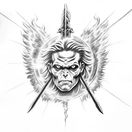 A realistic black-grey tattoo of Archangel Michael wielding a flaming sword and defeating a demon, symbolizing strength and courage in the face of darkness tattoo design idea