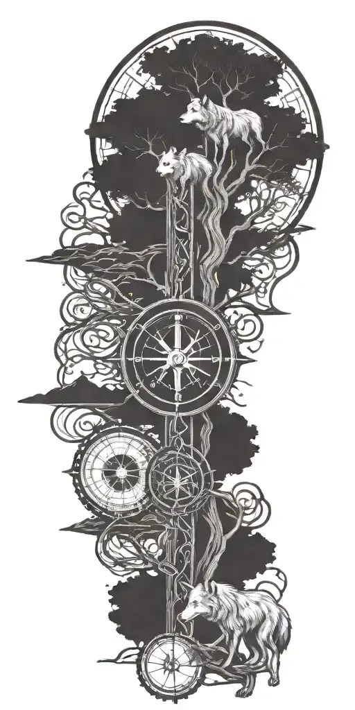 yggdrasil viking compass two wolves mjolnir hammer tattoo design idea