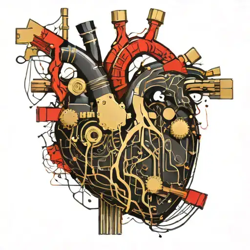 black and gold realistic heart shaped circuit board with gold wires as blood veins  tattoo design idea