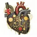 black and gold realistic heart shaped circuit board with gold wires as blood veins  tattoo design idea