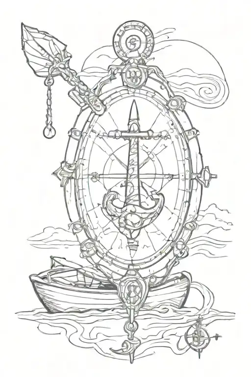 A kayak with ores inside of a compass and an anchor hanging from the bottom of the compass  tattoo design idea
