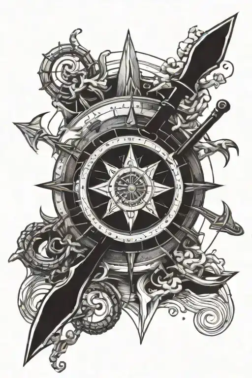 A kayak inside of a compass with an anchor intertwined tattoo design idea