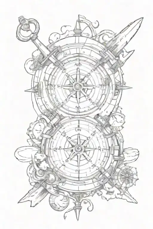 A big compass with a kayak and ores inside and an anchor entwined  tattoo design idea