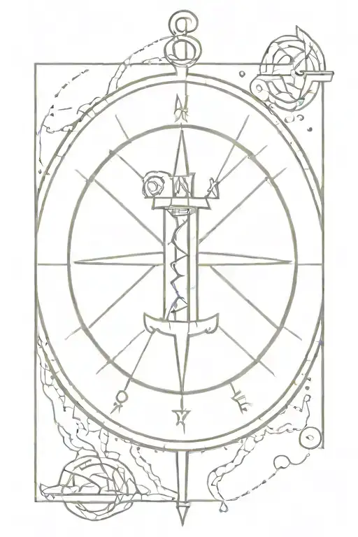 A compass with a kayak and ores inside and an anchor hanging from the compass with small waves surrounding tattoo design idea