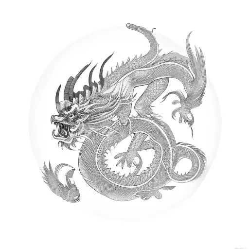 Chinese dragon, rooster and goat playing tattoo design idea