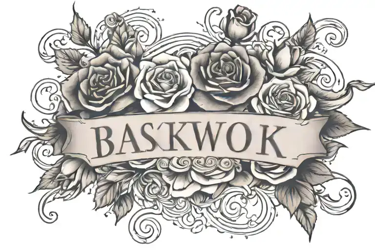 last name written surrounded by roses surrounding tattoo design idea
