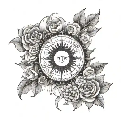 A black and grey tattoo of a tarot card with a sun and moon motif surrounded by flowers and bracelets tattoo design idea