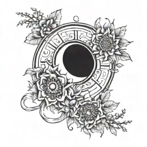 A tarot card design featuring the sun and moon intertwined with bracelets and flowers tattoo design idea