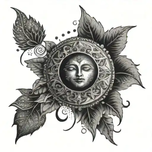 A dotwork design of a mystical sun and moon with bracelet details, incorporating floral elements for a unique twist tattoo design idea