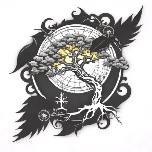 tree of life with puzzle piece leaves and apples with a compass tattoo design idea