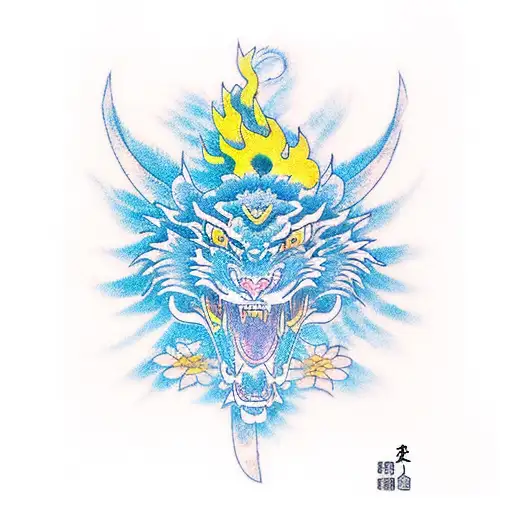 Dragon tiger flowers blue green yellow red tattoo design idea