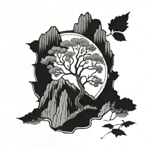 A detailed blackwork tattoo of a ginkgo tree surrounded by mountains, symbolizing the client's love for nature and solitude tattoo design idea