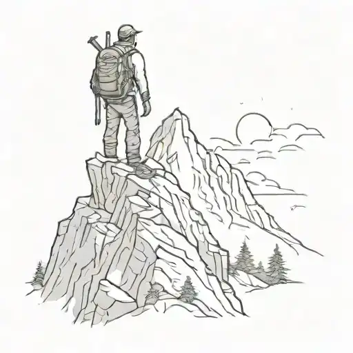 A sketch style tattoo of a lone hiker standing on a mountain peak, showcasing the client's love for solitude and the great outdoors tattoo design idea