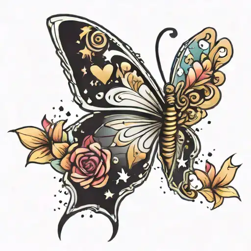 A singing butterfly surrounded by stars and hearts tattoo design idea