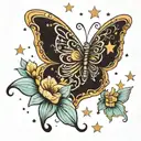 A singing butterfly surrounded by stars and hearts tattoo design idea