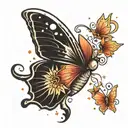 A singing butterfly surrounded by stars and hearts tattoo design idea
