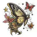 A singing butterfly surrounded by stars and hearts tattoo design idea
