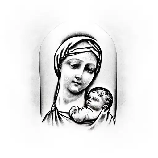 mary holding baby jesus as statue  tattoo design idea