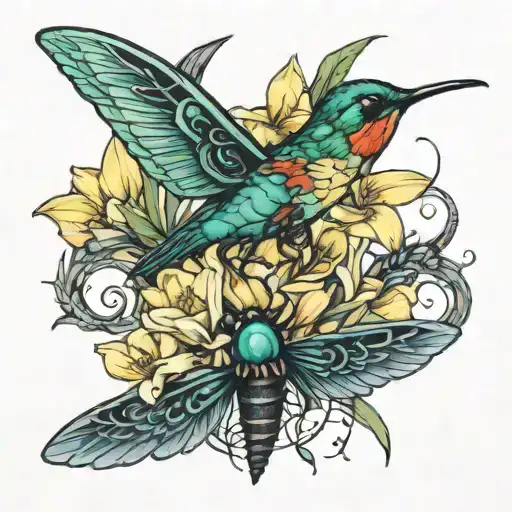 spine tattoo with daffodils hummingbird, dragonfly, ladybug  tattoo design idea