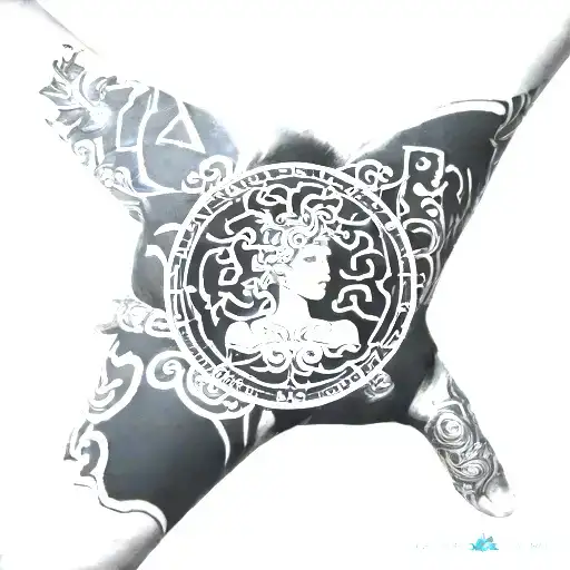 A sleeve featuring elements of Greek mythology with a central focus on Medusa, surrounded by other mythological creatures and symbols, with a jellyfish motif on the hand tattoo design idea