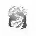 hill with river. A bear in black. tattoo design idea