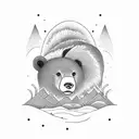 hill with river. A bear in black. tattoo design idea
