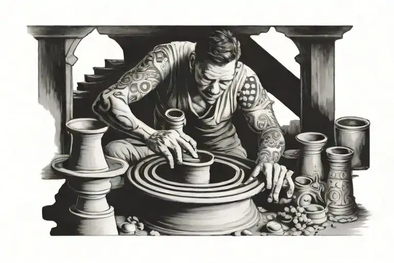 A man using a pottery wheel to create intricate soil utensils tattoo design idea