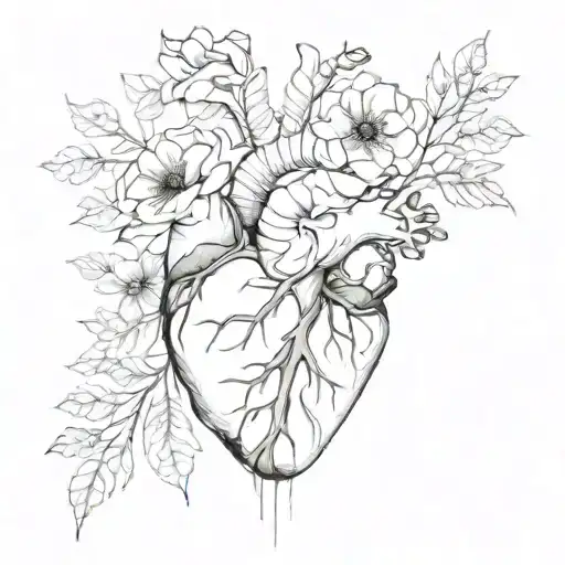 minimal thin drawing lines black and white watercolor anatomic heart with less flower detail abstract tattoo tattoo design idea
