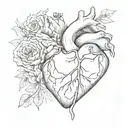 minimal thin drawing lines black and white watercolor anatomic heart with less flower detail abstract tattoo tattoo design idea