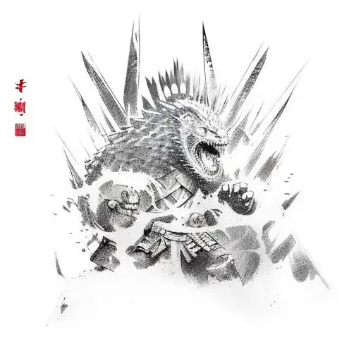 A mashup of characters from Jujutsu Kaisen and Game of Thrones in a battle scene tattoo design idea