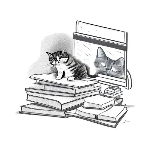A psychiatrist's desk with a laptop and a cat sleeping on top of a pile of books tattoo design idea