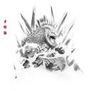 A mashup of characters from Jujutsu Kaisen and Game of Thrones in a battle scene tattoo design idea