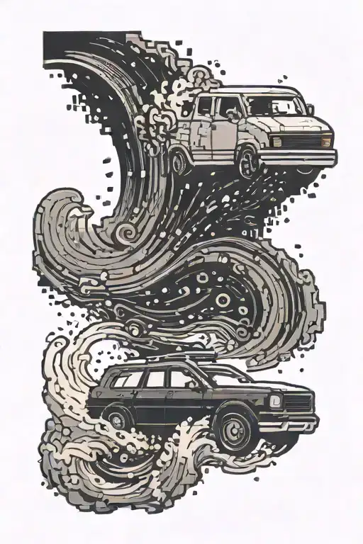 A pixel art style tattoo of a computer code snippet forming a wave crashing into a car silhouette tattoo design idea