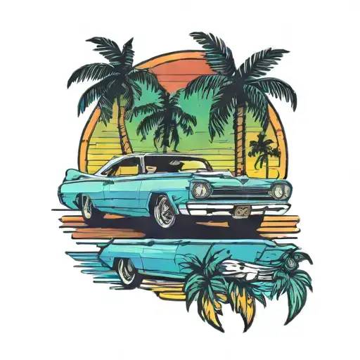 Plymouth superbird and palm trees colors sunset tattoo design idea