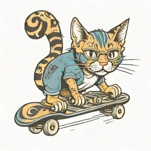 cat with skateboard  tattoo design idea