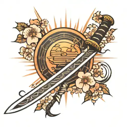 samurai sword with rising sun and cherry blossom tattoo design idea