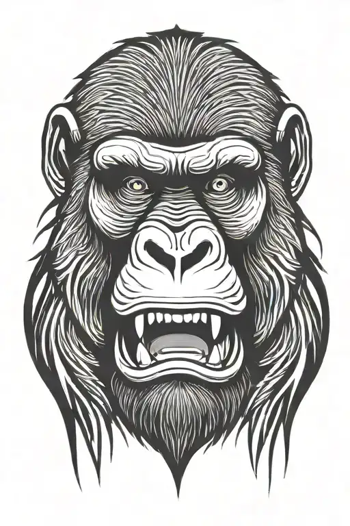 portrait from face of angry gorilla. mouth fully open. staring straight front. thin lines tattoo design idea