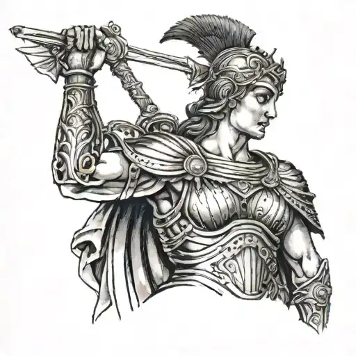 black and white tattoo on the left shoulder depicting the goddess of war of Athens tattoo design idea