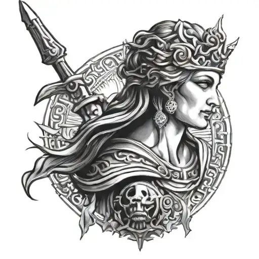 Black and white tattoo on the left shoulder depicting the goddess of war of Athens tattoo design idea