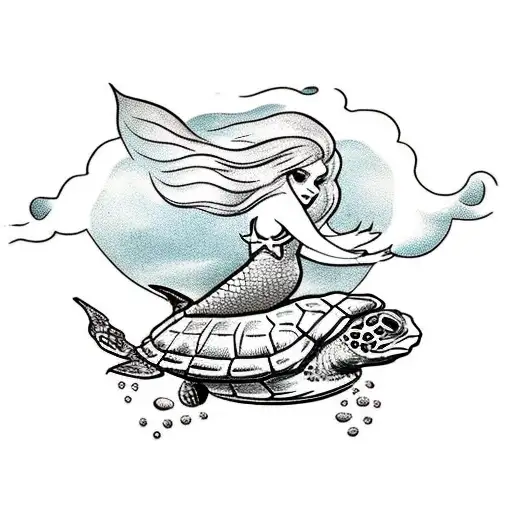 mermaid riding on top of a sea turtle  tattoo design idea