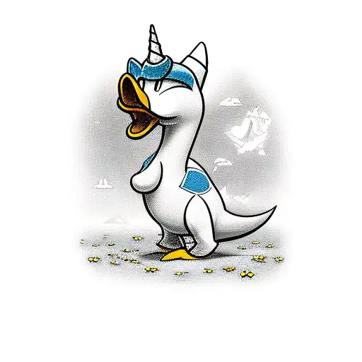 Daisy Duck as a dinosaur with a unicorn horn tattoo design idea
