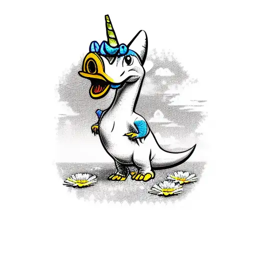 Dinosaur with a unicorn horn and Daisy Duck face tattoo design idea
