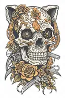 dog skull with grooming scissors and October theme flowers intertwined  tattoo design idea