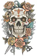 dog skull with grooming scissors and October theme flowers intertwined  tattoo design idea