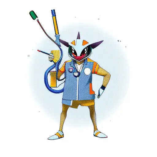 A new-school design of a Pokémon trainer wearing a lab coat and stethoscope, representing the client's occupation as a medical student tattoo design idea