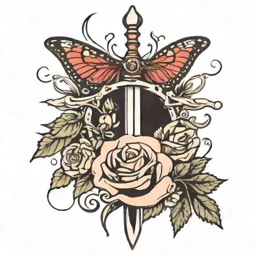 sword with roses around it and one small butterfly   tattoo design idea